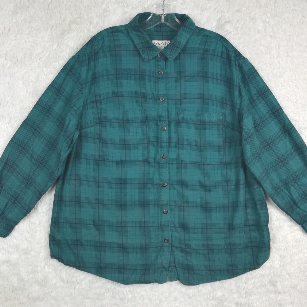 Ava & Viv Womens Shirt Button Up Teal Blue Plaid Flannel Long Sleeve Plus X